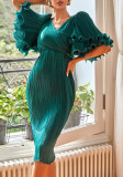 Womens Green Chic Cross Texture Design Bell Bottom Sleeve Party Dress