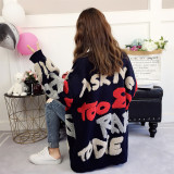 Women Fall and Winter Letter Contrast Color Loose Knitting Sweater Jacket