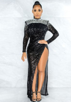 Sexy sequins long sleeve slit eveing dress