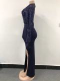 Women Elegant Long Sleeves Sequins Slit Evening Dress