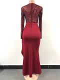 Women Elegant Long Sleeves Sequins Slit Evening Dress