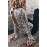 Women Party Sequin Long Sleeve Round Neck Slit Top