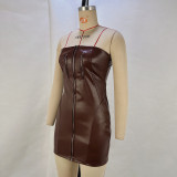 Women Strapless PU-Leather Zippered Winter Bodycon Dress