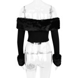 Women Autumn and Winter Furry Collar Off Shoulder Long Sleeve Crop Top