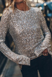 Women Party Sequin Long Sleeve Round Neck Slit Top