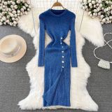 Fashion Chic Long Sleeve Round Neck Slim Waist Slim Fit Maxi Slit Silk Knitting Bodycon Basic Dress