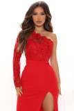 elegant slash shoulder long sleeve mesh patchwork slit evening dress