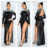 Sexy sequins long sleeve slit eveing dress