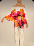Summer Women's Printed Off Shoulder Top Slim Fit Wide Leg Pants Casual Chic Two Piece Set