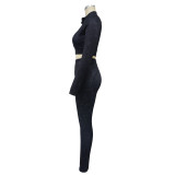 Women's Long Sleeve Zip Patchwork Slim Fit Two Piece Pants Set