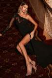 elegant slash shoulder long sleeve mesh patchwork slit evening dress