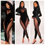 sexy sheer mesh patchwork long sleeve slim jumpsuit