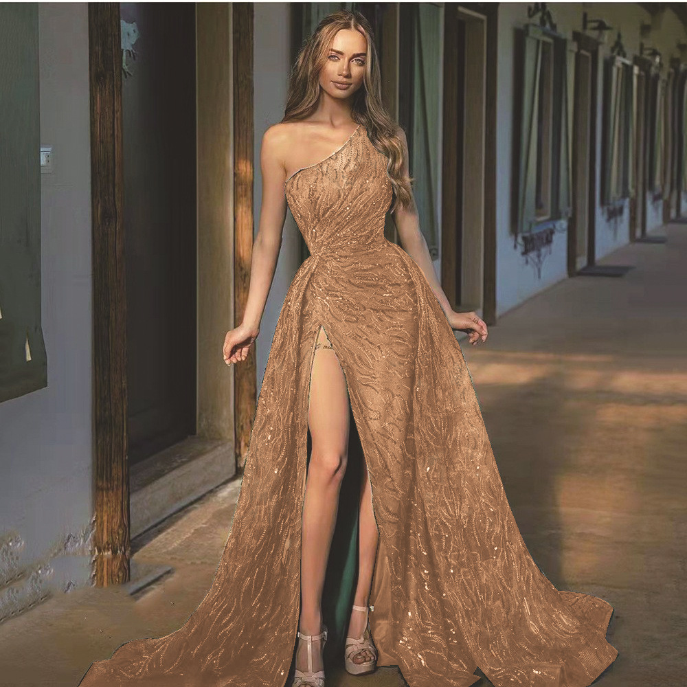 Women Slash Shoulder Slit Sequin Strap Evening Dress