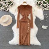 Fashion Chic Long Sleeve Round Neck Slim Waist Slim Fit Maxi Slit Silk Knitting Bodycon Basic Dress