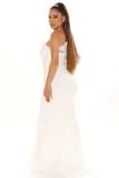 elegant slash shoulder long sleeve mesh patchwork slit evening dress