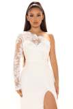 elegant slash shoulder long sleeve mesh patchwork slit evening dress