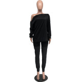 Autumn And Winter Women's Clothing Buttoned Off Shoulder Top Pants Casual Two-Piece Set