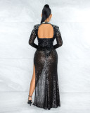 Sexy sequins long sleeve slit eveing dress