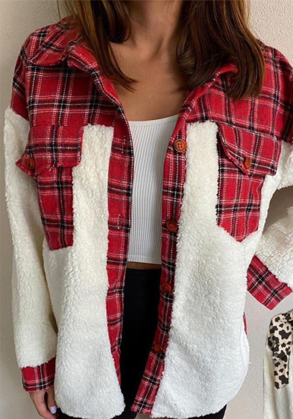 Women Turndown Collar Leopard Plaid Print Furry Patchwork Contrast Warm Long Sleeve Shirt