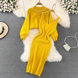 Autumn And Winter French Chic Beaded High-Waisted Sweater Dress Knitting Shirt Two-Piece Set