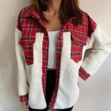 Women Turndown Collar Leopard Plaid Print Furry Patchwork Contrast Warm Long Sleeve Shirt