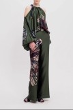 Summer Women's Printed Off Shoulder Top Slim Fit Wide Leg Pants Casual Chic Two Piece Set
