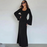 Women Autumn Loose U-neck Lace-up Long Sleeve Dress