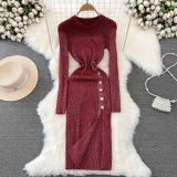 Fashion Chic Long Sleeve Round Neck Slim Waist Slim Fit Maxi Slit Silk Knitting Bodycon Basic Dress