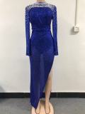 Sexy sequins long sleeve slit eveing dress