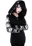 Women Black Punk Peng Hooded Moon Print Long Sleeve Top