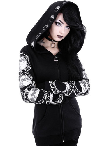 Women Black Punk Peng Hooded Moon Print Long Sleeve Top