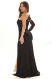 elegant slash shoulder long sleeve mesh patchwork slit evening dress