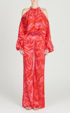 Summer Women's Printed Off Shoulder Top Slim Fit Wide Leg Pants Casual Chic Two Piece Set