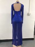 Sexy sequins long sleeve slit eveing dress