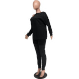 Autumn And Winter Women's Clothing Buttoned Off Shoulder Top Pants Casual Two-Piece Set