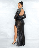Sexy sequins long sleeve slit eveing dress