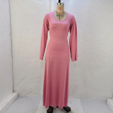 Women Autumn Loose U-neck Lace-up Long Sleeve Dress