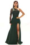 elegant slash shoulder long sleeve mesh patchwork slit evening dress
