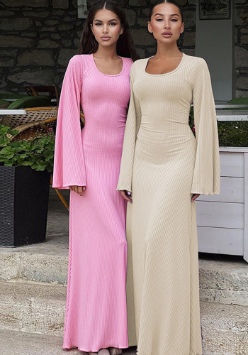 Women Autumn Loose U-neck Lace-up Long Sleeve Dress