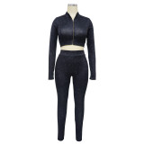 Women's Long Sleeve Zip Patchwork Slim Fit Two Piece Pants Set