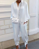 Women Autumn and Winter Solid Lace-Up Loose Ribbed Shirt and Pant Two-piece Set
