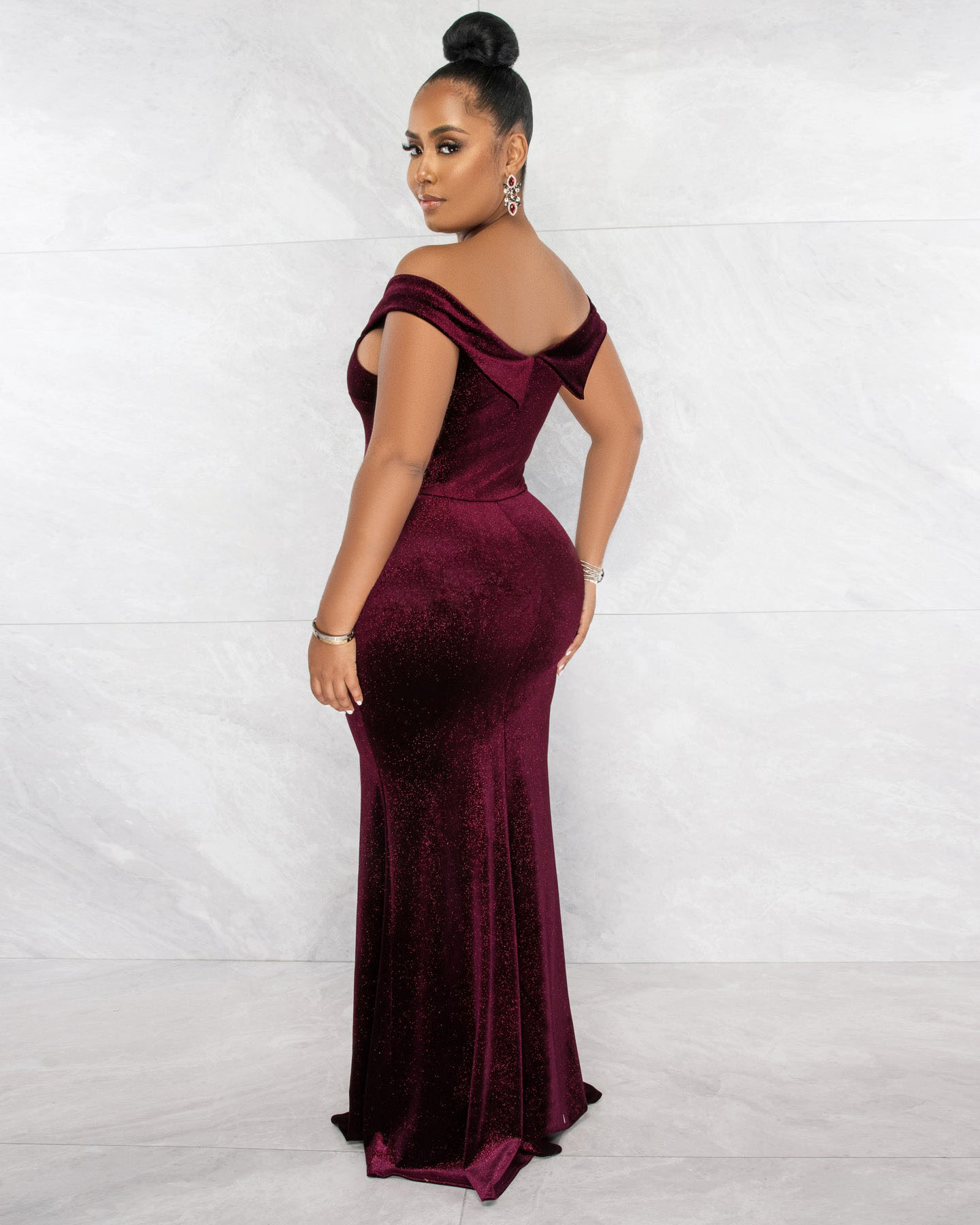 Women Elegant Short Sleeve Slit Evening Dress