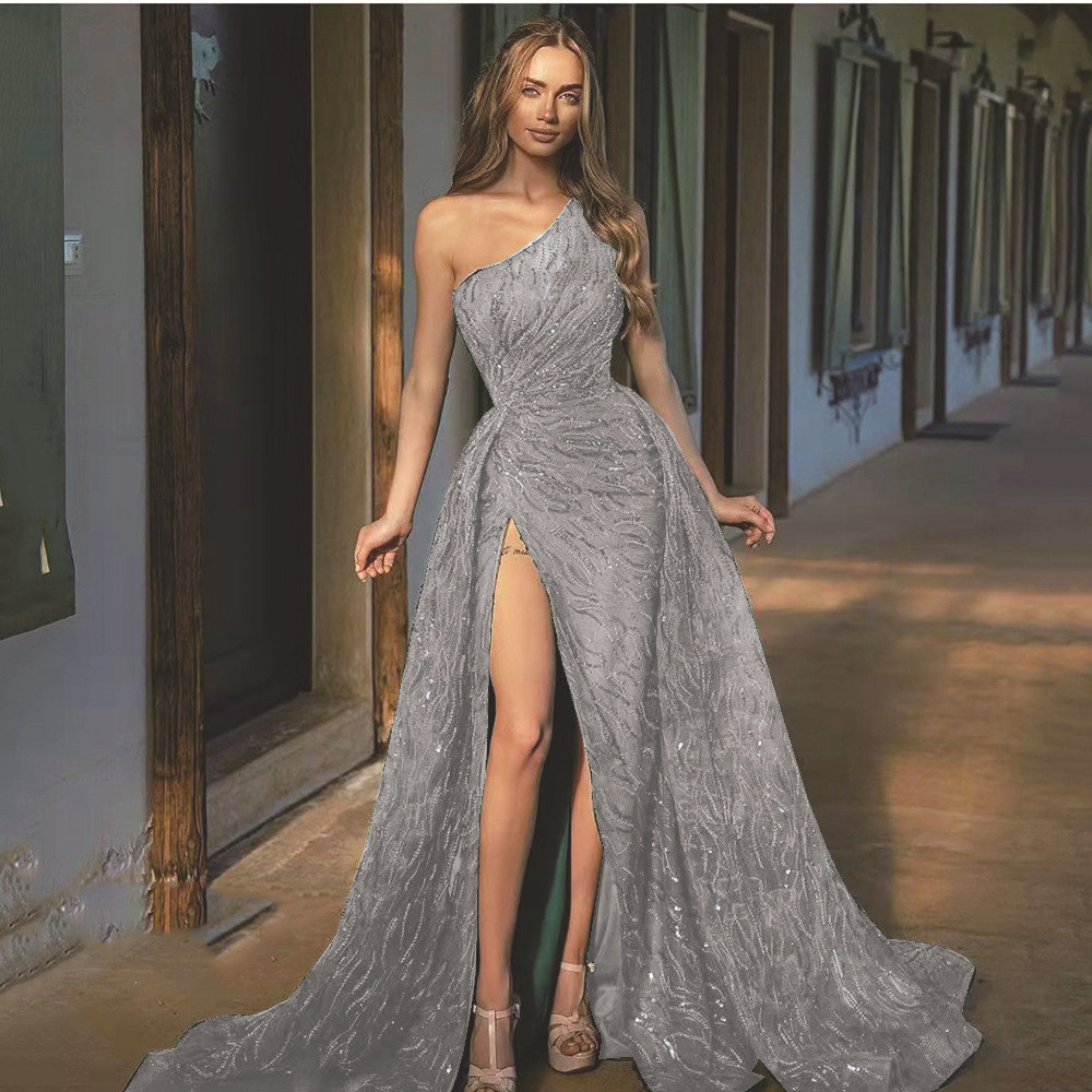 Women Slash Shoulder Slit Sequin Strap Evening Dress