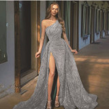 Women Slash Shoulder Slit Sequin Strap Evening Dress