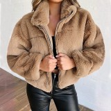 Women furry zipper warm jacket