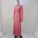 Women Autumn Loose U-neck Lace-up Long Sleeve Dress