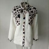 Women Turndown Collar Leopard Plaid Print Furry Patchwork Contrast Warm Long Sleeve Shirt
