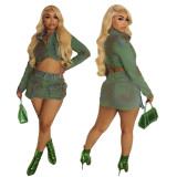 Fashionable Denim Painted Stretch Two Piece Skirt Set