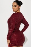 Women Long Sleeve Sequins Mini Dress
