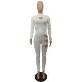 Women's Heart-Shaped Beaded Solid Color Two Piece Pants Set